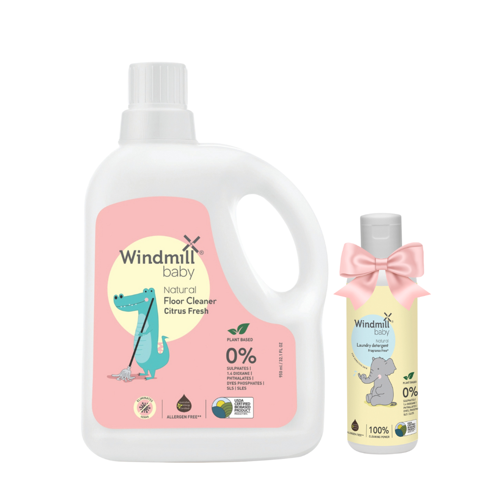 Windmill Baby Natural Floor Cleaner Citrus Fresh - 950 ml With Fragrance Free Laundry Detergent - 100 ml