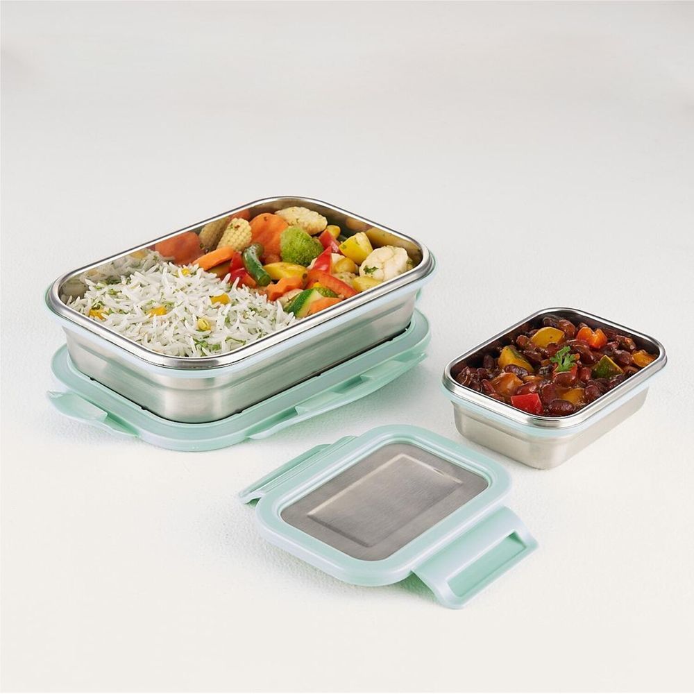 Borosil - Stainless Steel Rectangular Lunch Box Set - Green - 2 Pcs - 1 L