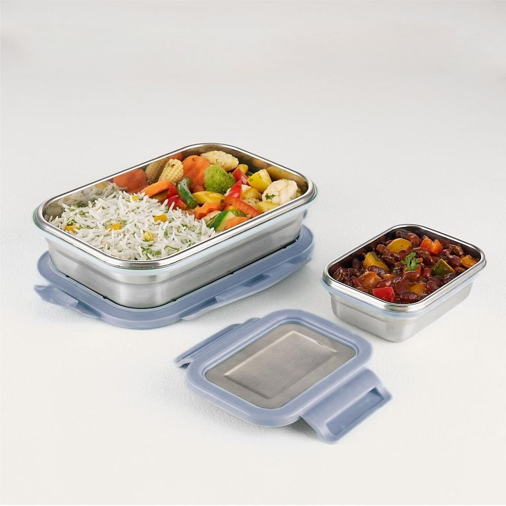 Borosil - Stainless Steel Rectangular Lunch Box Set - Grey - 2 Pcs - 1 L