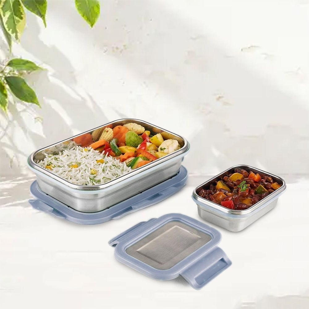 Borosil - Stainless Steel Rectangular Lunch Box Set - Grey - 2 Pcs - 1 L