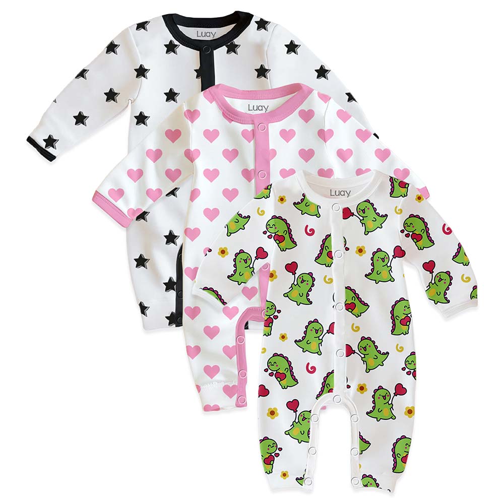 لوي - طقم 3 قطع - أفرول مطبوع بأكمام طويلة للأطفال - أبيض/أسود/وردي/أخضر