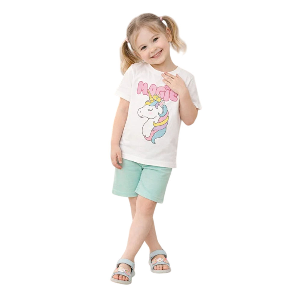 لؤي - طقم قطعتين - تيشيرت وشورت قطني 100% مطبوع برسومات للبنات - أبيض/أخضر