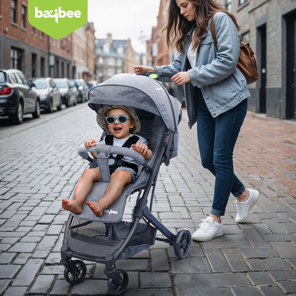 baybee - Foldable Lightweight Travel Baby Stroller With Metal Frame - Grey