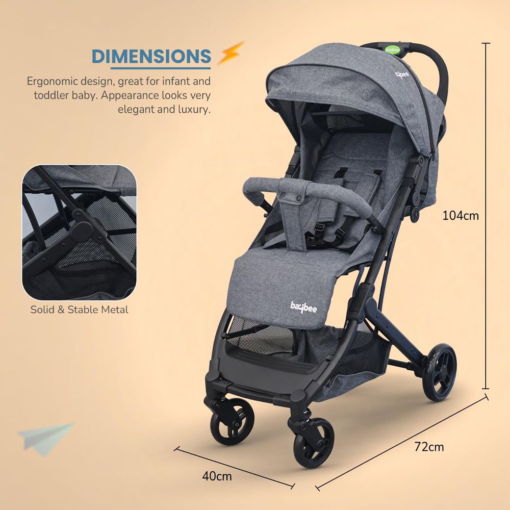 baybee - Foldable Lightweight Travel Baby Stroller With Metal Frame - Grey