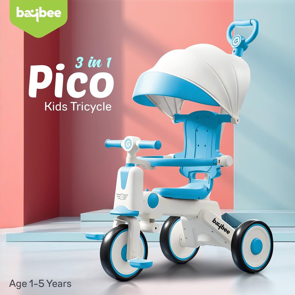 Baybee - Pico 3-In-1 Tricycle With Parent Handle & Canopy - Blue