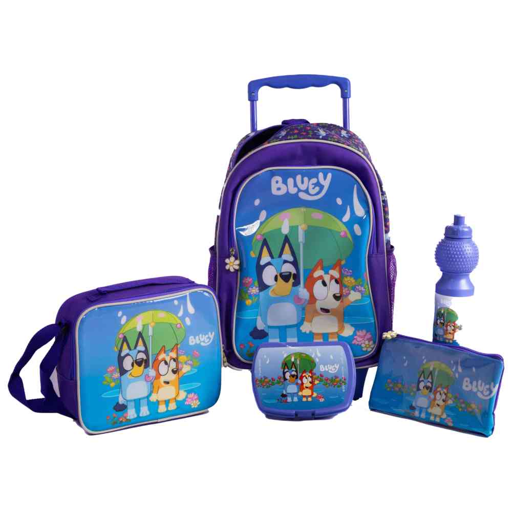 بلوي - مجموعة شنطة عربة مقاس 16 إنش مع شنطة غداء، ومقلمة، وزمزمية مياه، وصندوق غداء - أزرق