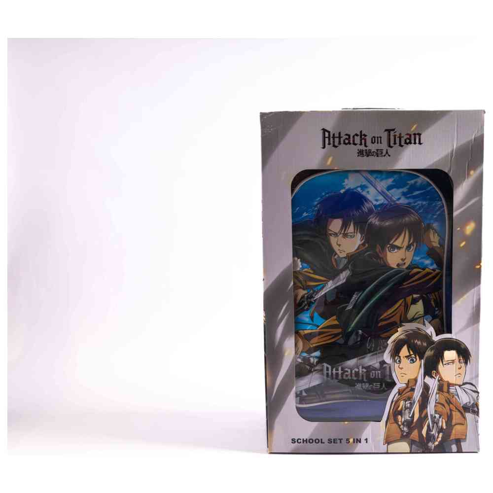 هجوم العمالقة - مجموعة شنطة عربة مقاس 18 إنش مع شنطة غداء، ومقلمة، وزمزمية مياه، وصندوق غداء - أزرق