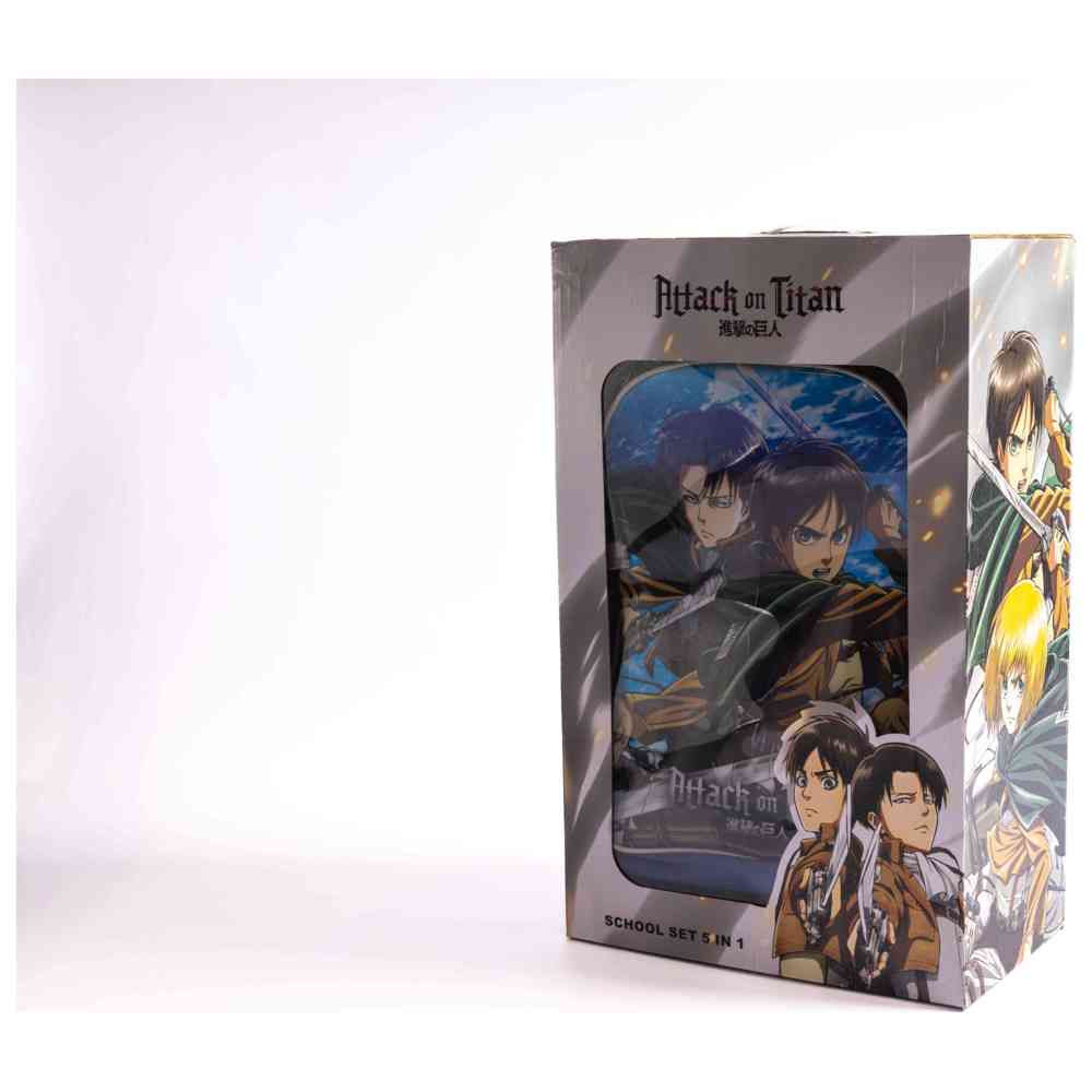 هجوم العمالقة - مجموعة شنطة عربة مقاس 18 إنش مع شنطة غداء، ومقلمة، وزمزمية مياه، وصندوق غداء - أزرق