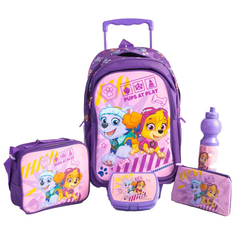 مجموعة شنط باو باترول بعجلات مقاس 18 إنش مع شنطة غداء، ومقلمة، وزمزمية مياه، وصندوق غداء - متعددة الألوان