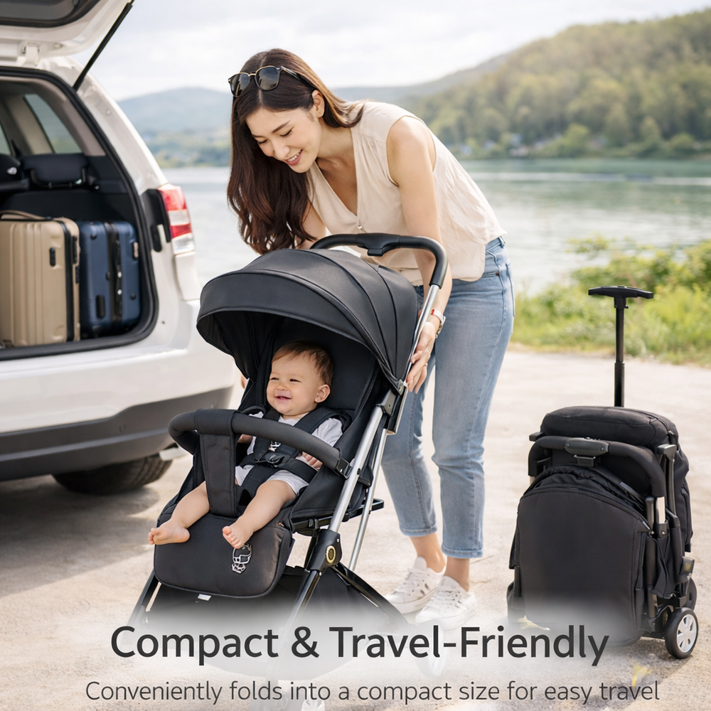 كيكيبيبي - عربية أطفال 606 للسفر مع مهد وكرسي سيارة - أسود
