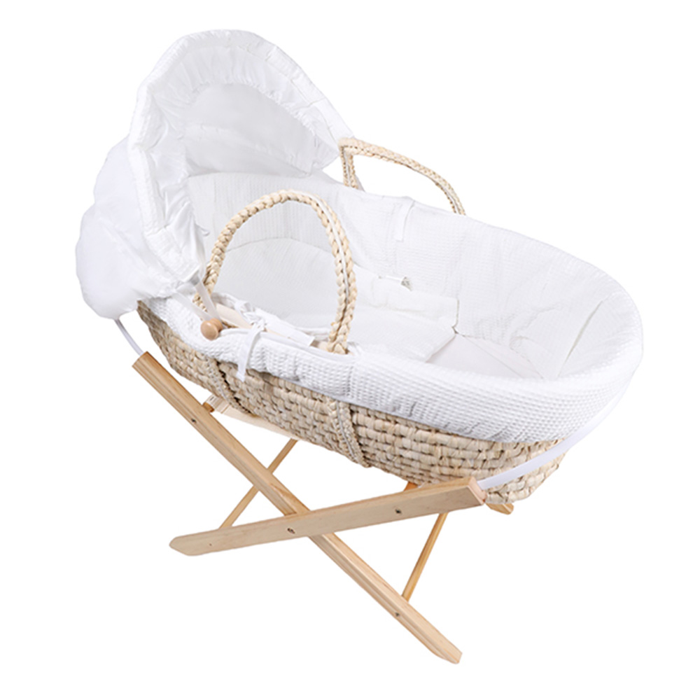 كيكي بيبي - سلة موسى خشبية مع قاعدة قابلة للطي - أبيض