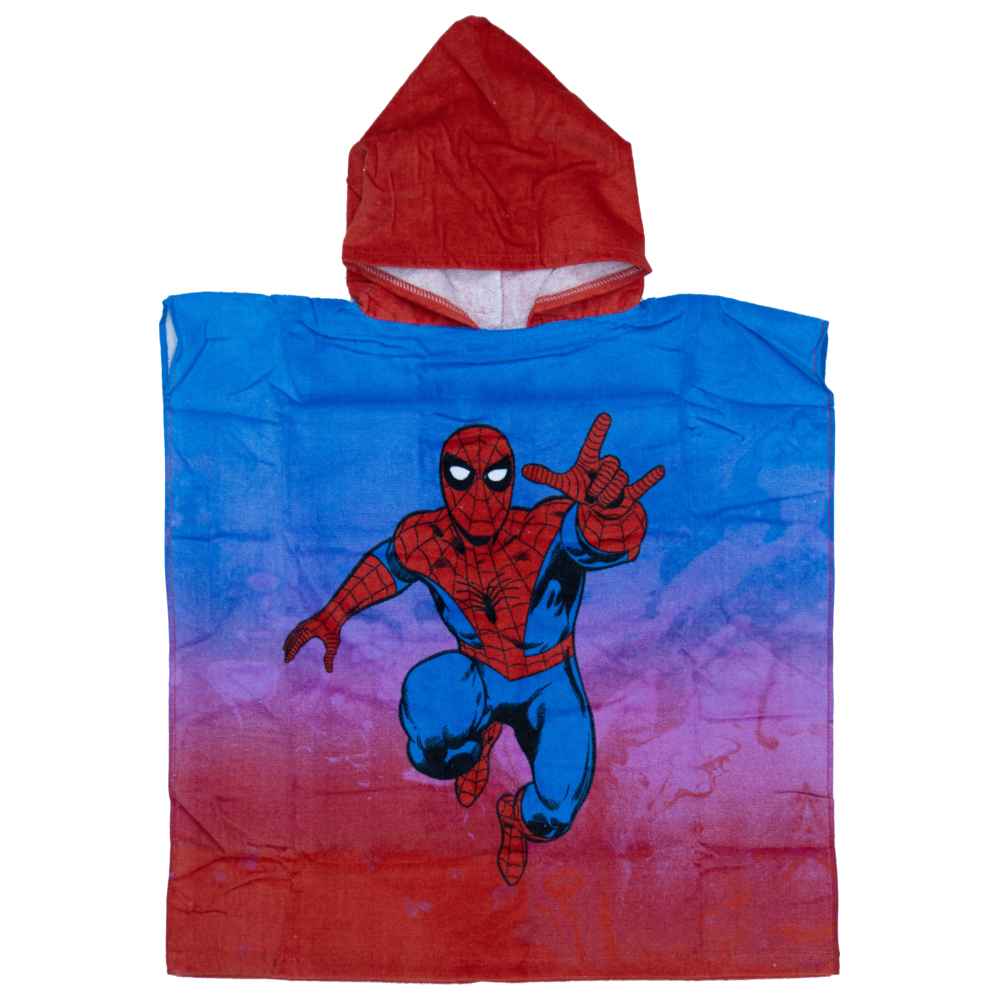 سبايدرمان - منشفة بونشو للأطفال - غطاء استحمام بغطاء رأس من القطن 100% للأولاد - أزرق وأحمر