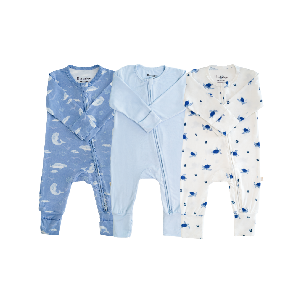 Hushabye - 3pc-Set - Baby Zippered Bamboo Sleepsuit - Dugong/Blue/Turtle