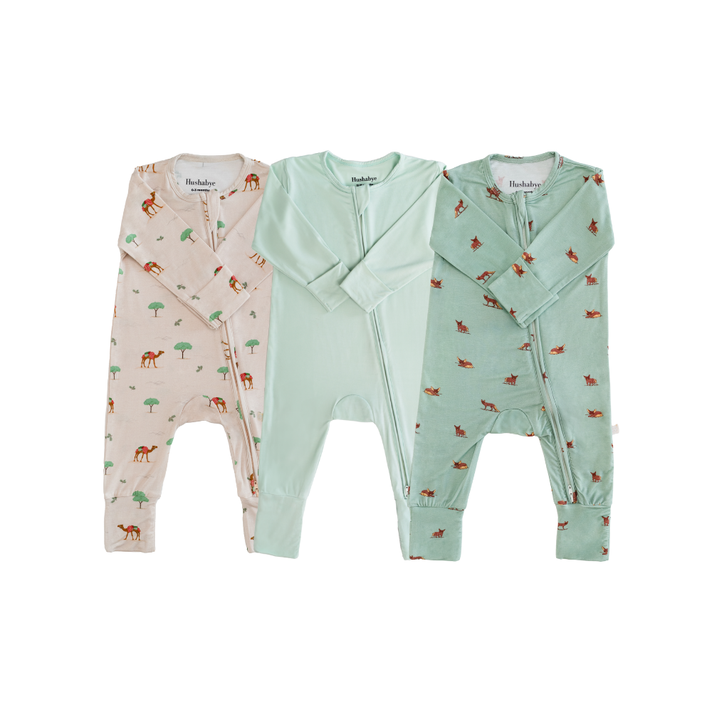 Hushabye - 3pc-Set - Baby Zippered Bamboo Sleepsuit - Camel/Light Sage/Desert Fox