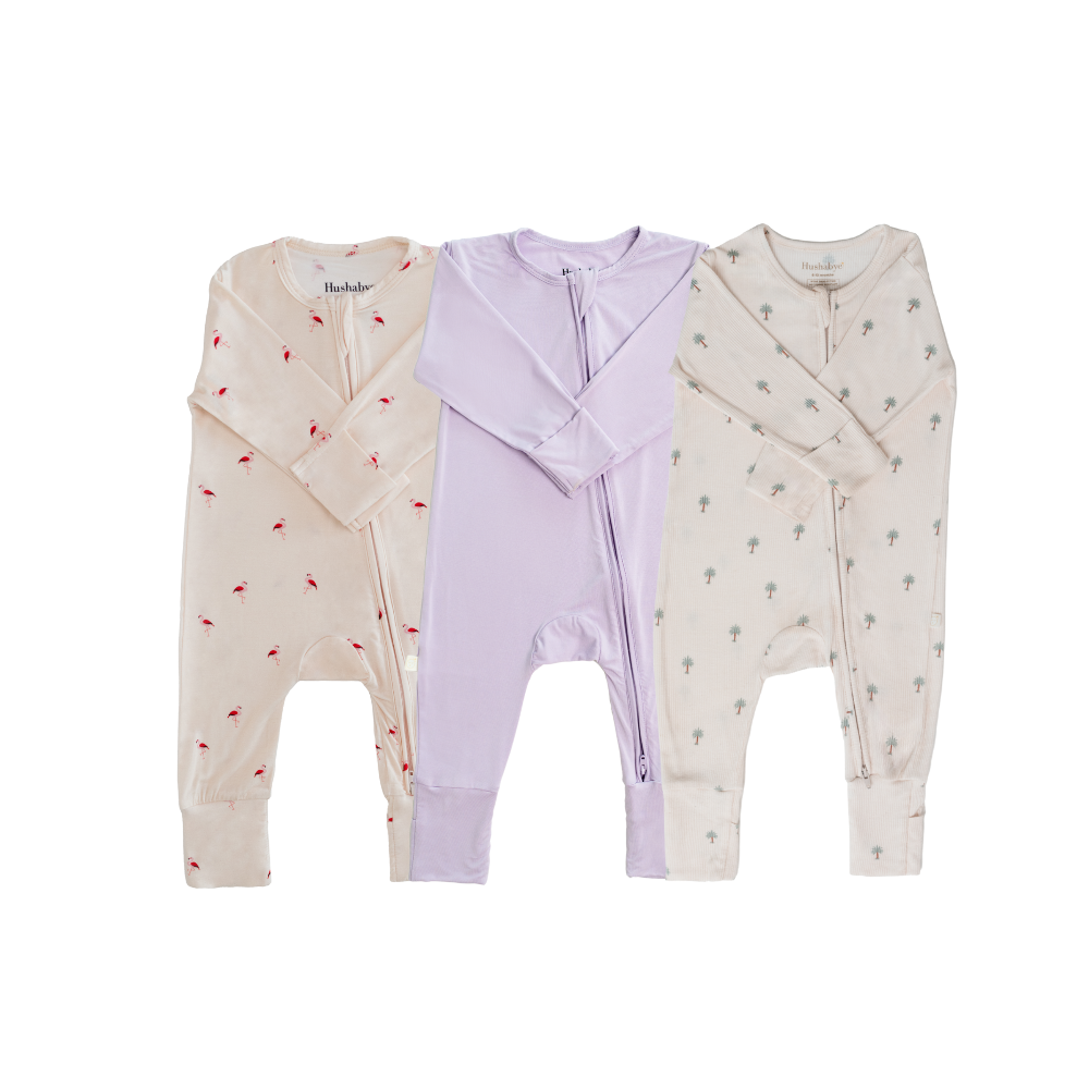Hushabye - 3pc-Set - Baby Zippered Bamboo Sleepsuit - Flamingo/ Lilac/Date Palm