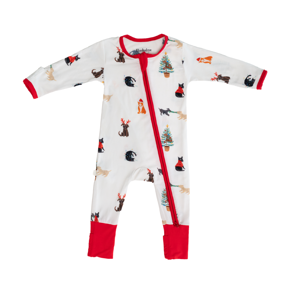 Hushabye - Christmas Printed Bamboo Zippered Sleepsuit - Santa Paws