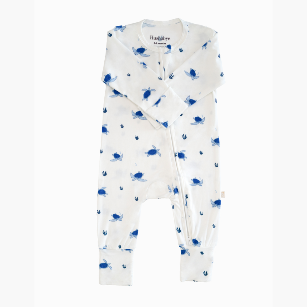 Hushabye - Organic Bamboo Turtles Printed Zippered Sleepsuit - White