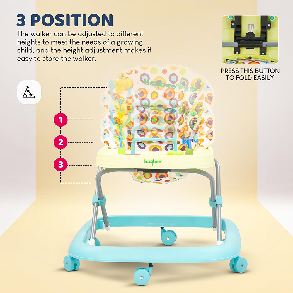 بايبي - مشاية أطفال إلزو مع ارتفاع قابل للتعديل، موسيقى وأضواء - أخضر فاتح