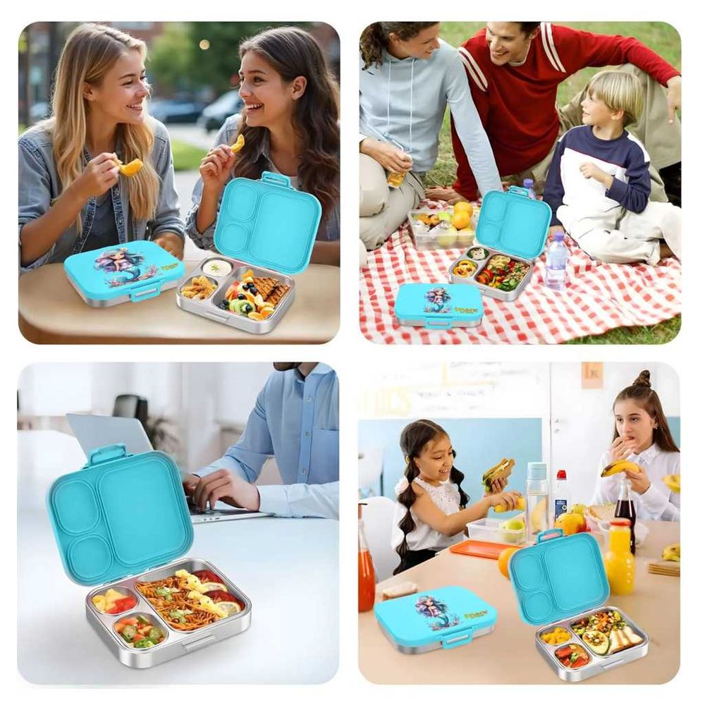 Snack Attack - 4 Compartment Stainless Steel Lunch Bento Box - Aqua Mermaid - 710 ml