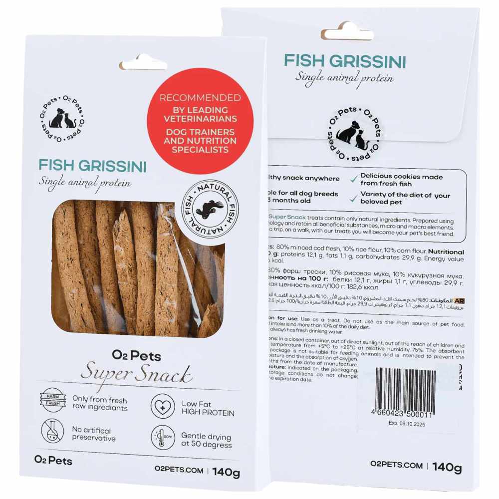 O2 Pets - Super Snack Dog Treats - Fish Grissini - 140 gm