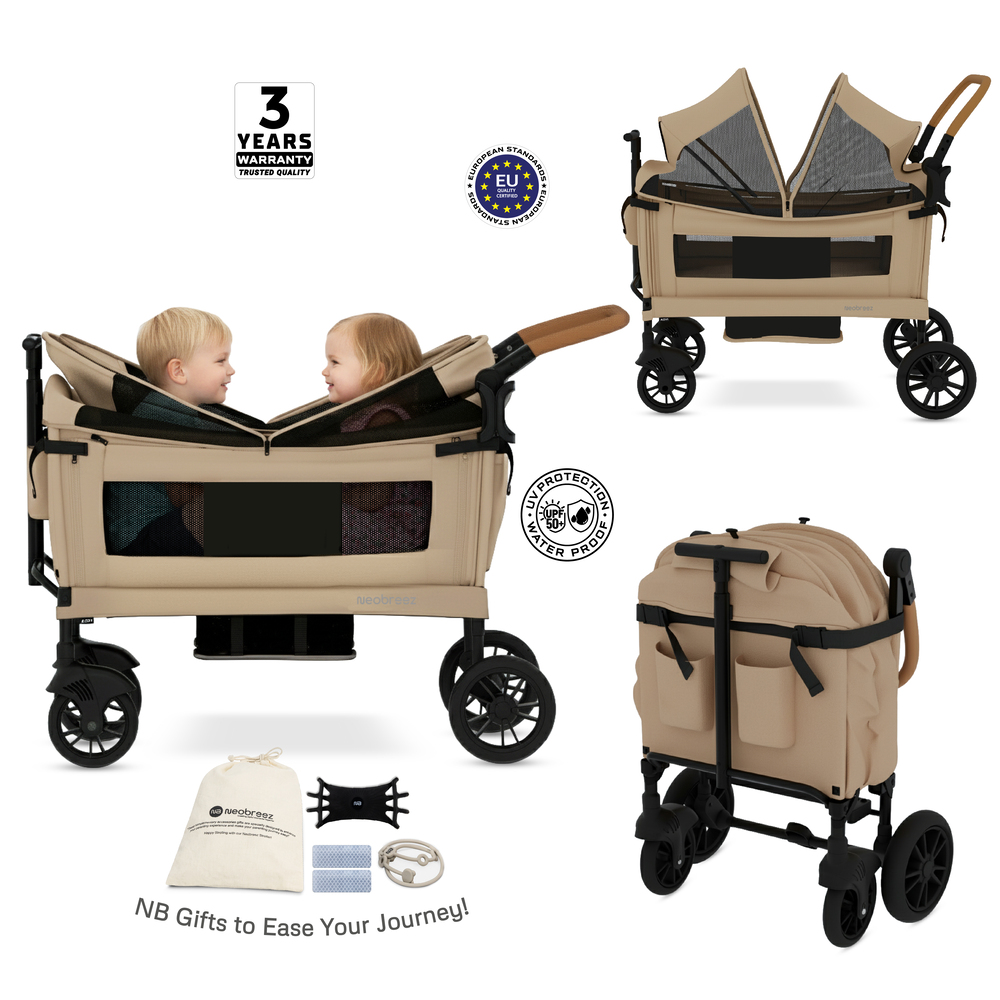 Neobreez - ADVI Wagon Stroller Double Stroller Push&Pull Foldable Twin Stroller - Beige