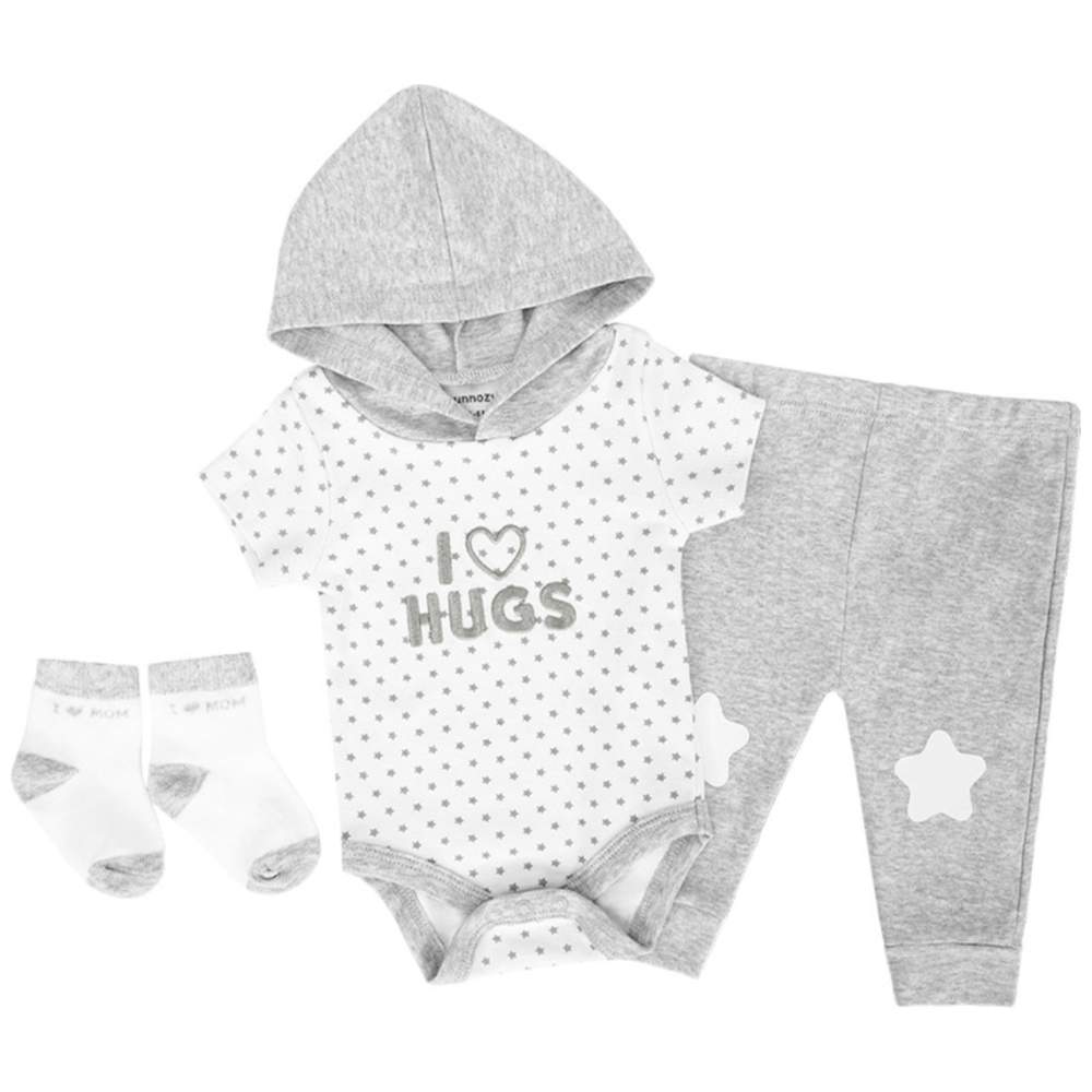 Sunnozy - 3pc-Set - Baby Hooded Onesie, Pants & Socks - Hugs