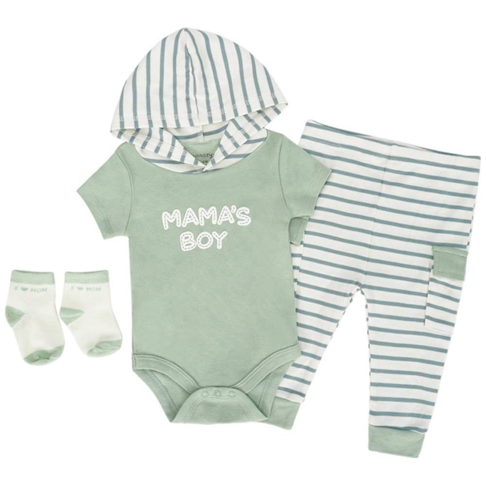 Sunnozy - 3pc-Set - Baby Hooded Onesie, Pants & Socks - Mama's Boy