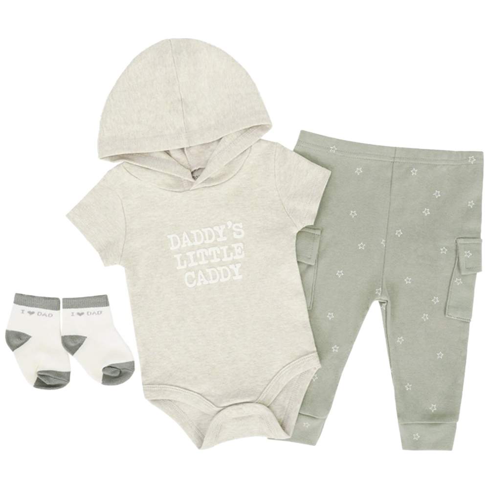 Sunnozy - 3pc-Set - Baby Hooded Onesie, Pants & Socks - Daddy's Little Caddy