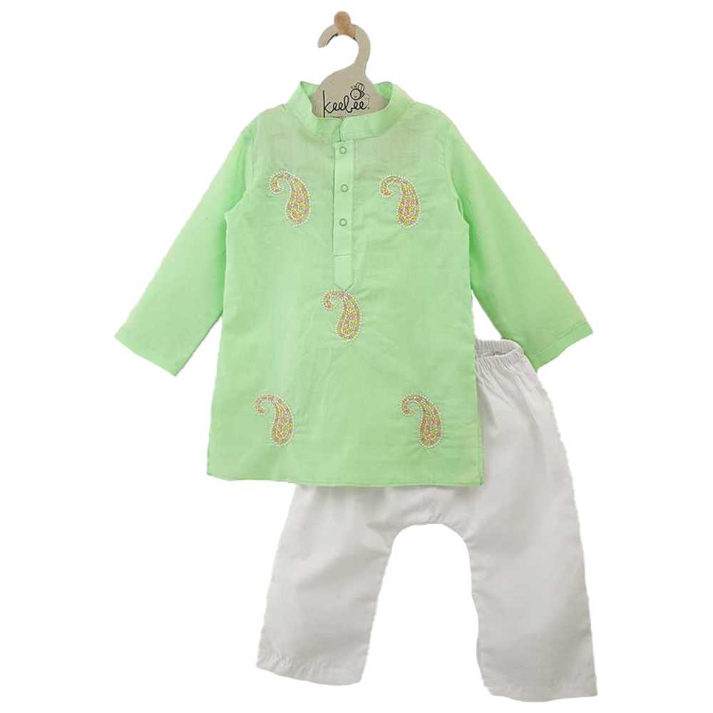 Keebee - 2pc-Set - Organic Cotton Paisley Embroidered Kurta & Patiala Pants