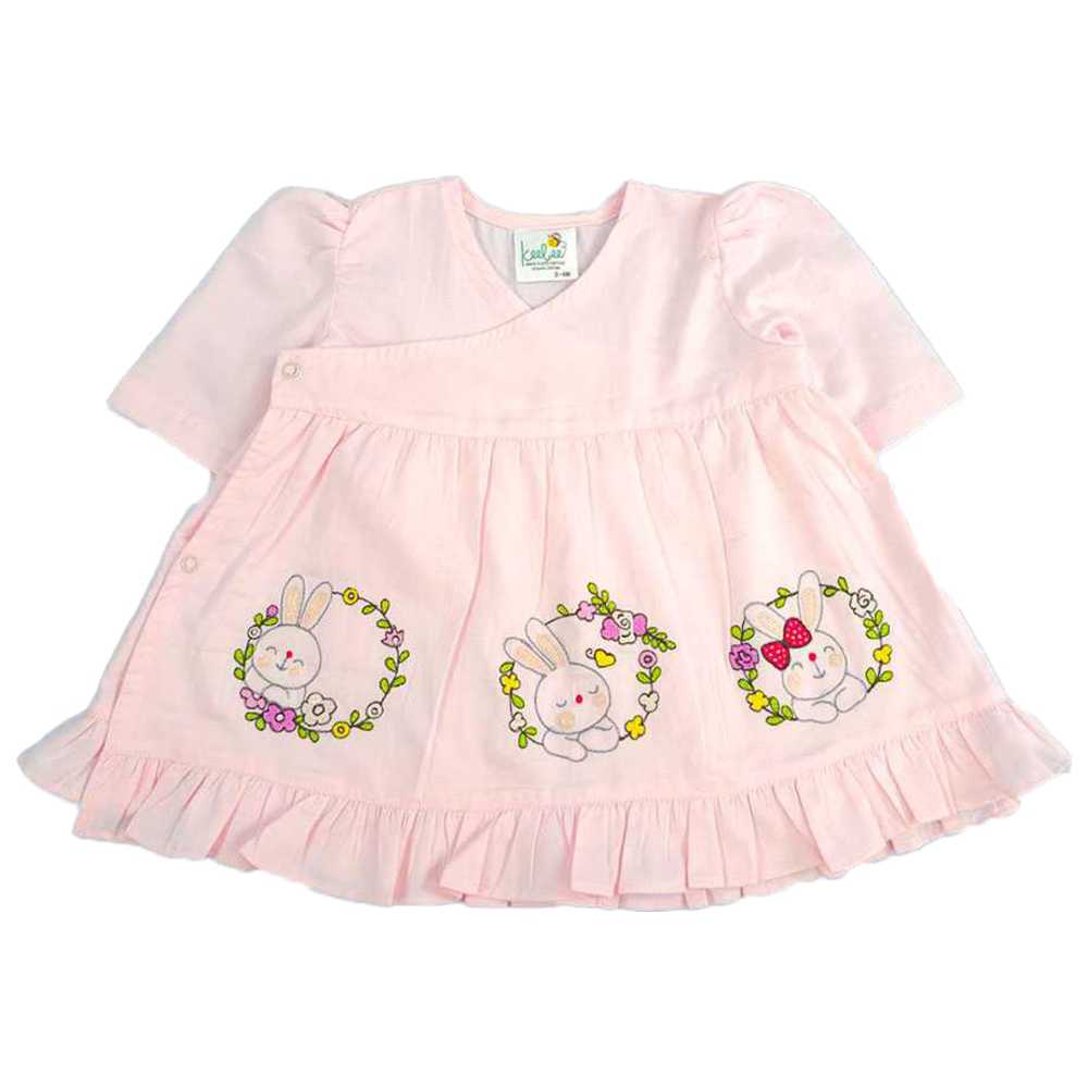 Keebee - Organic Cotton Rabbits Embroidered Wrap Dress - Pink