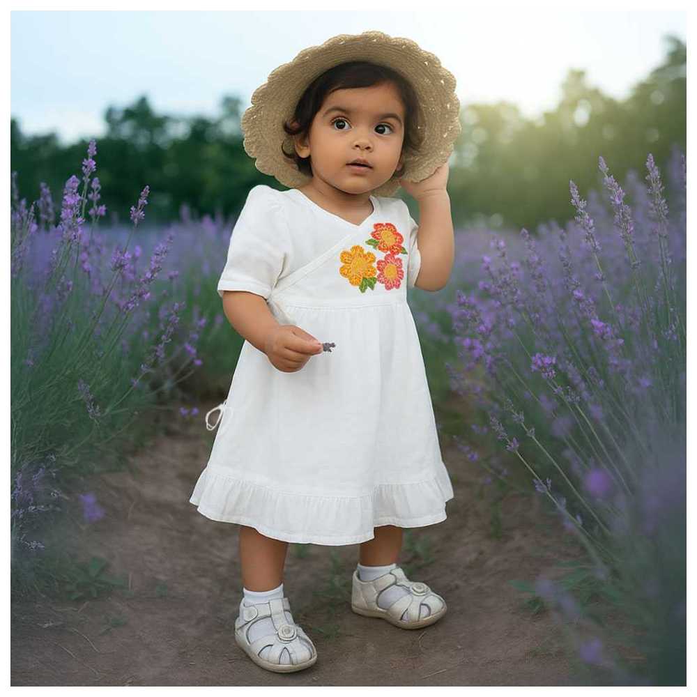 Keebee - Organic Cotton Floral Embroidered Wrap Dress - White