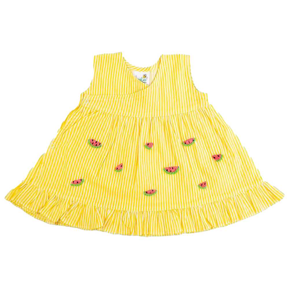 Keebee - Organic Cotton Watermelon Embroidered Striped Dress - Yellow