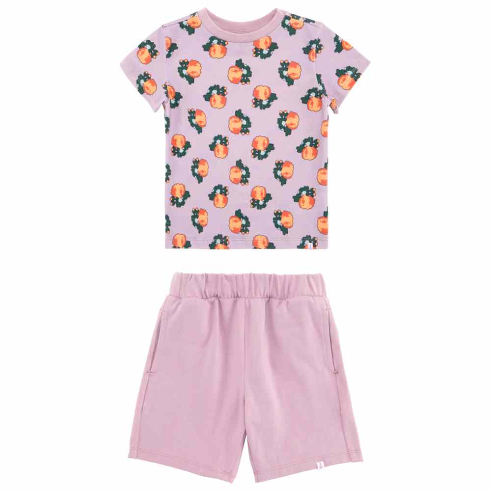 ثوب صغيري - طقم تي شيرت مطبوع وشورت - أبيض/بنفسجي فاتح - قطعتين