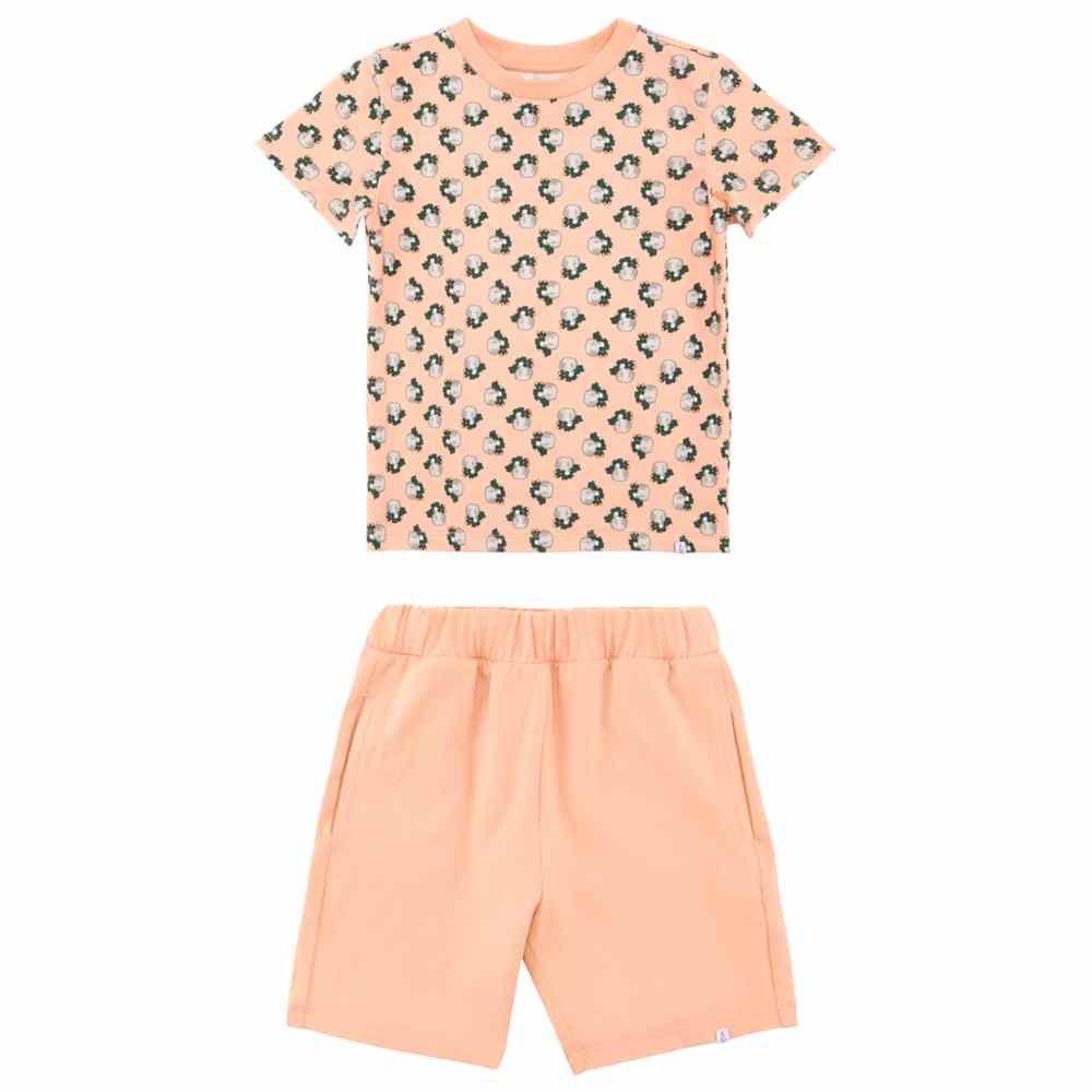 ثوب صغيري - طقم تي شيرت مطبوع وشورت - أبيض/خوخي - قطعتين