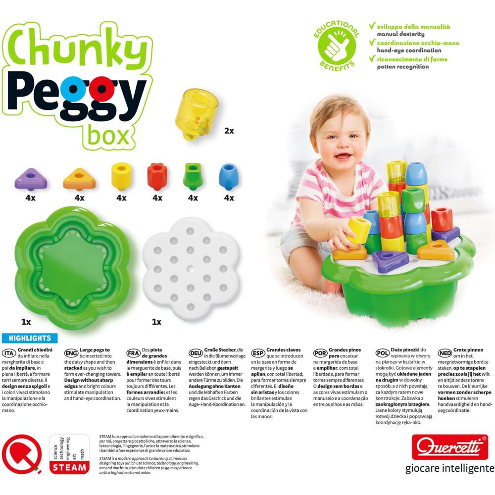 Quercetti Chunky Peggy Box Block Building And Stacking Toys - 28 Pc Set