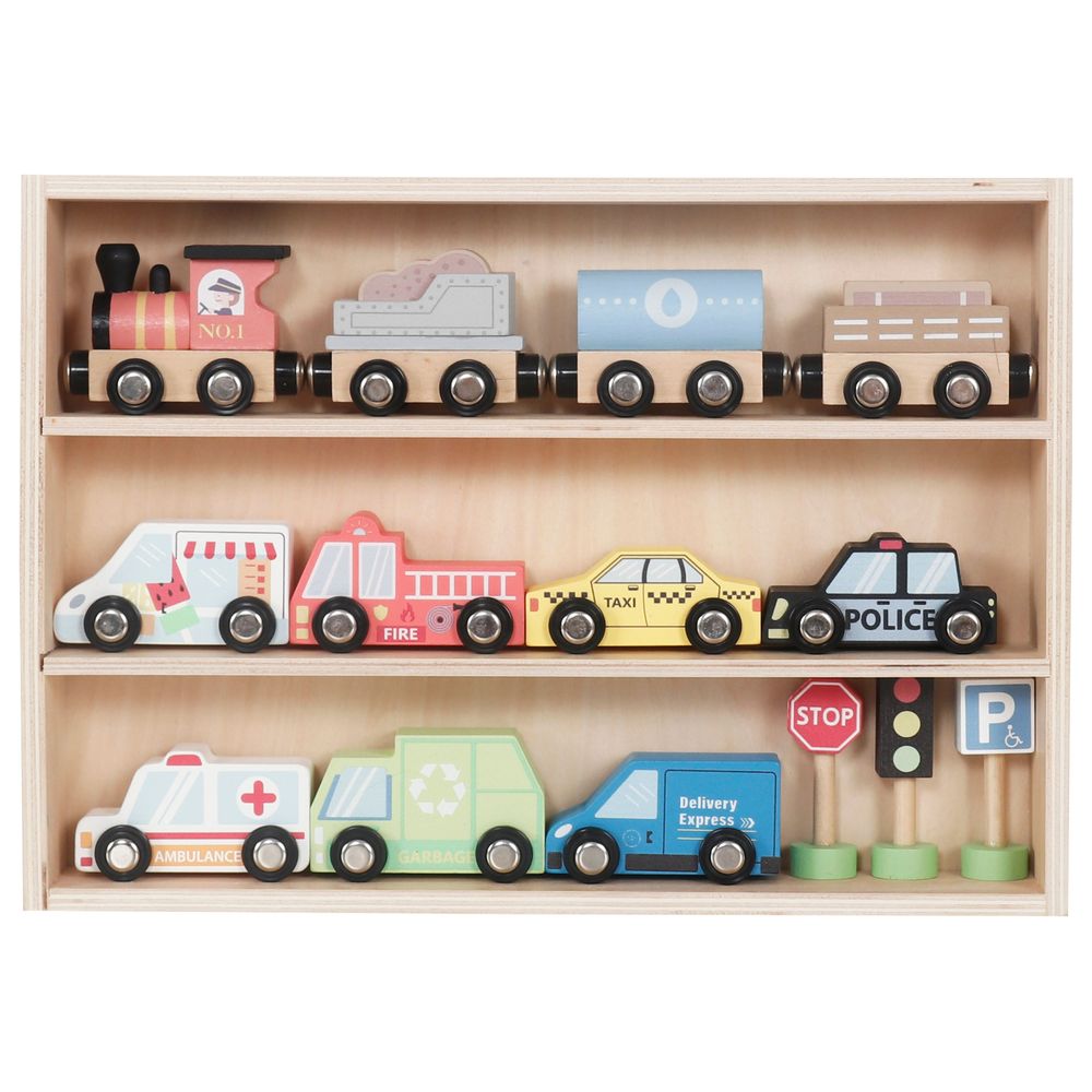 Littlechus Wooden Car and Train Playset - 16 Pc Set