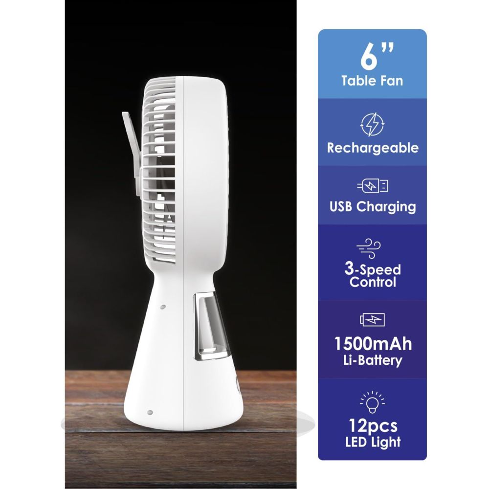 Sanford - 2-In-1 Rechargeable Table Fan With LED Lights - White - 15 cm