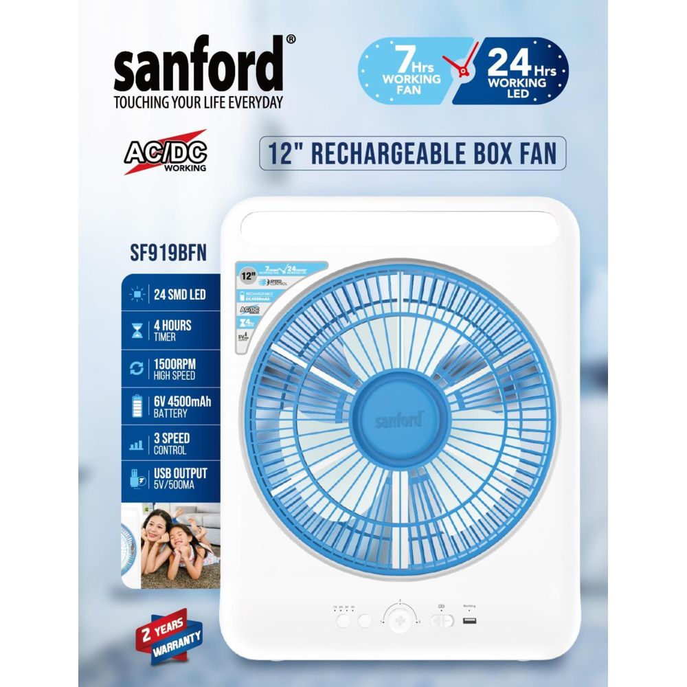 Sanford - Rechargeable Box Fan With LED Lights - White - 30 cm