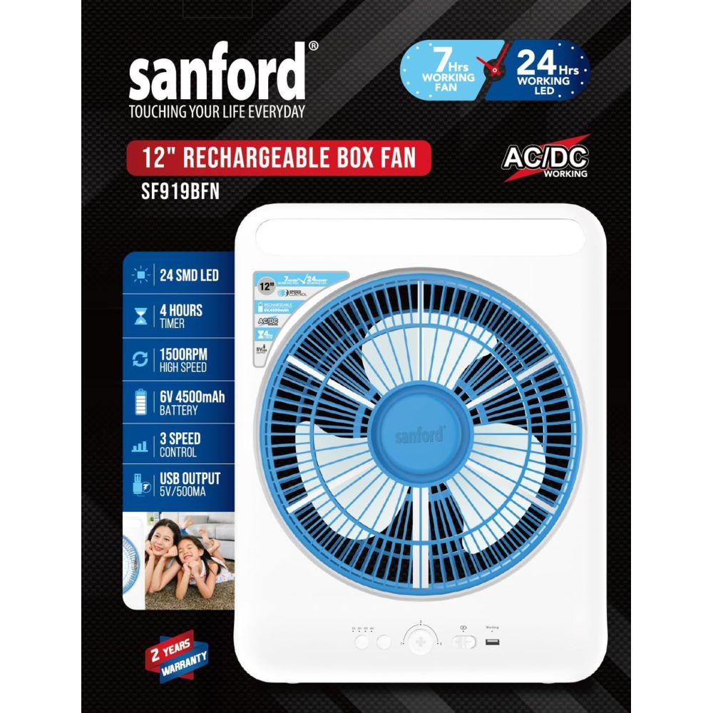 Sanford - Rechargeable Box Fan With LED Lights - White - 30 cm