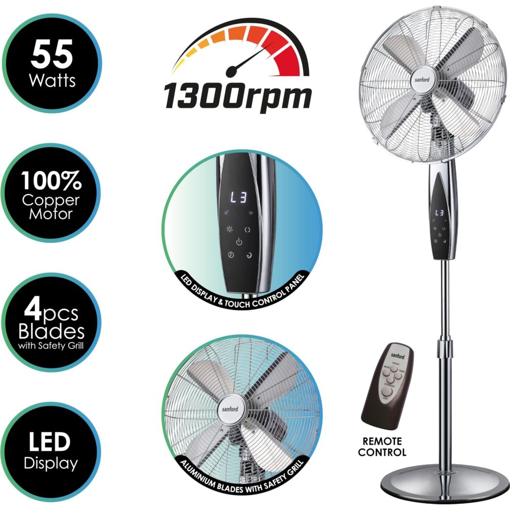 Sanford - Metal Stand Fan With Remote Control - Black - 55 W - 40 cm