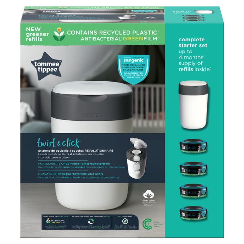 تومي تيبي - مجموعة سلة حفاضات تويست آند كليك المتقدمة مع 4 عبوات إعادة تعبئة