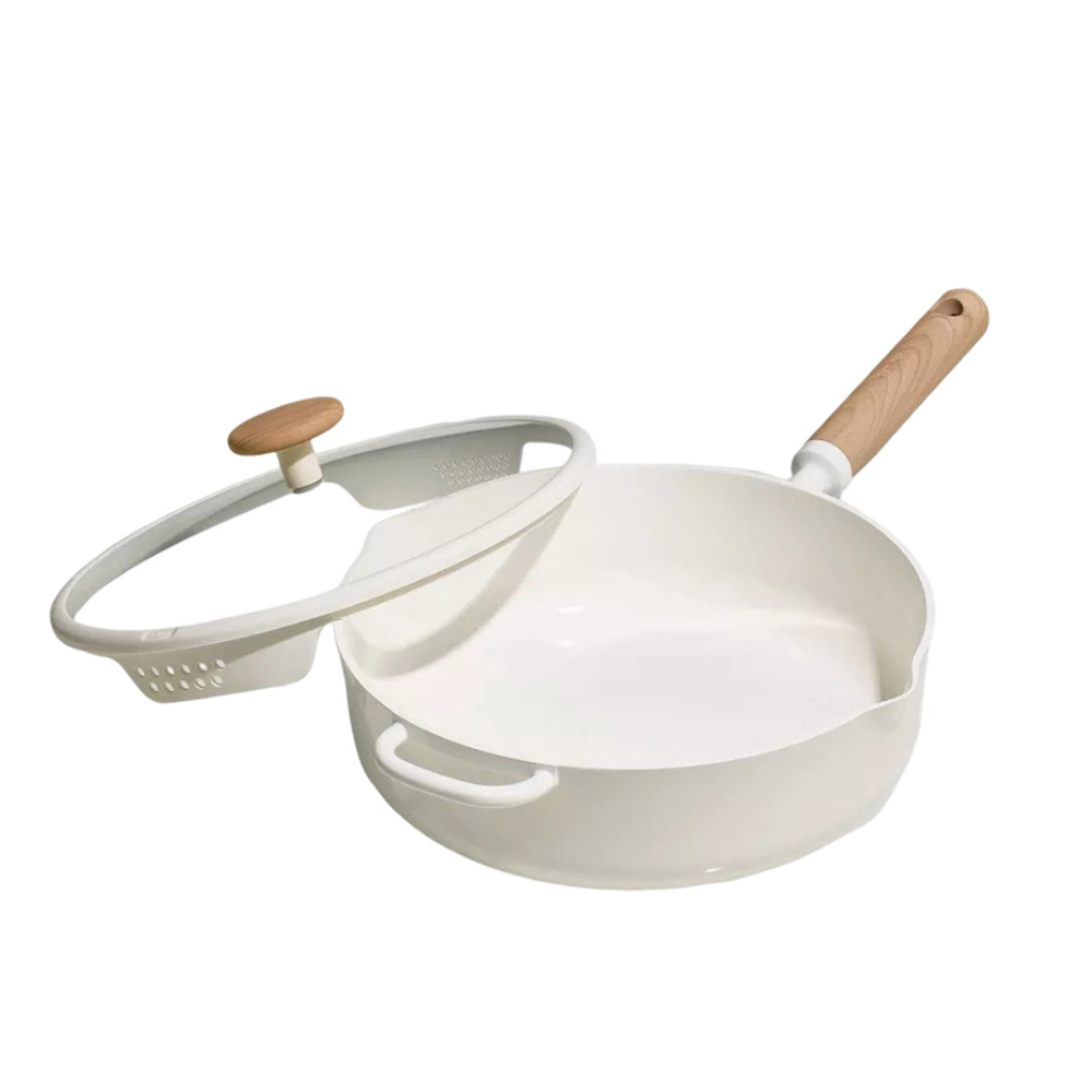 كاروت - مقلاة سوتيه سيراميك غير لاصقة بغطاء بمصفاة مزدوجة الحجم - كريمي - 4.7 لتر