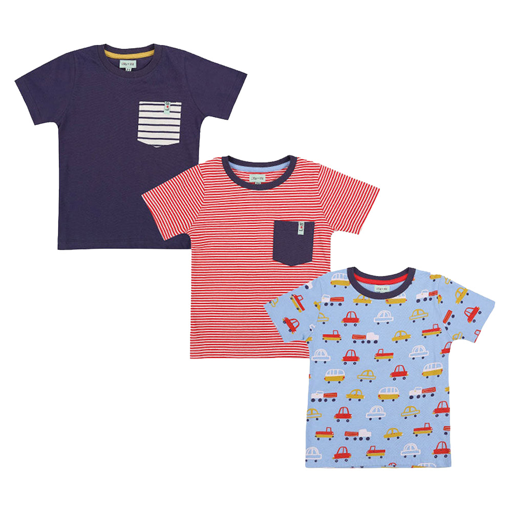 Lilly & Sid - 3pc-Set - Boy's Car, Stripe Print & Plain T-Shirts