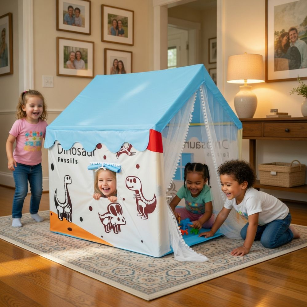 ليتل أنجل - خيمة لعب للأطفال مع ستائر - بنمط الديناصورات