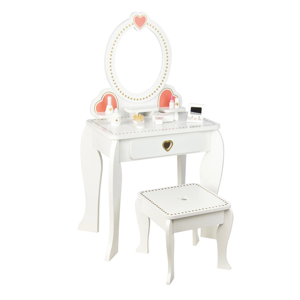 Little Angel Kids Wooden Vanity Set, Pretend Makeup Dressing Table - White