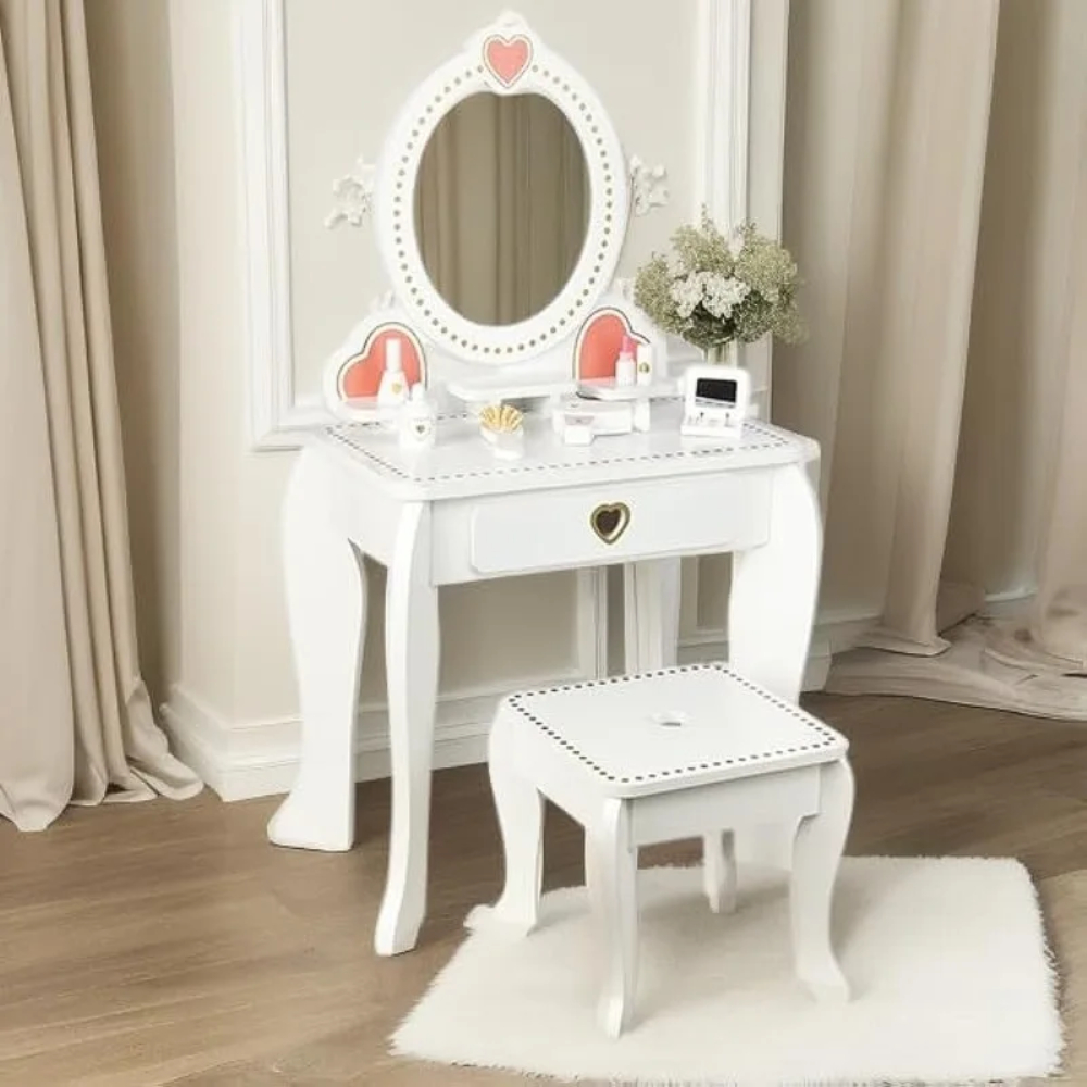 Little Angel Kids Wooden Vanity Set, Pretend Makeup Dressing Table - White