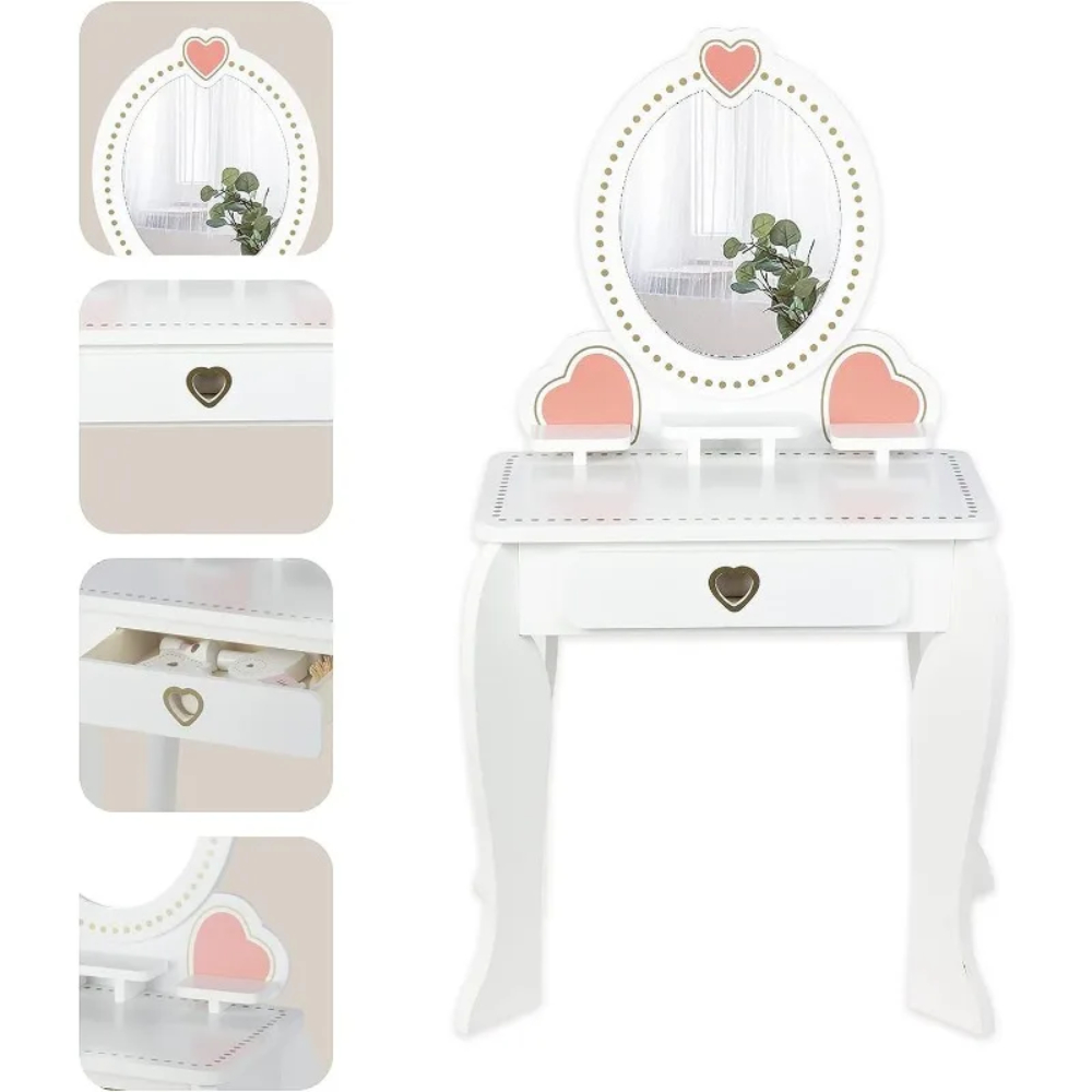 Little Angel Kids Wooden Vanity Set, Pretend Makeup Dressing Table - White