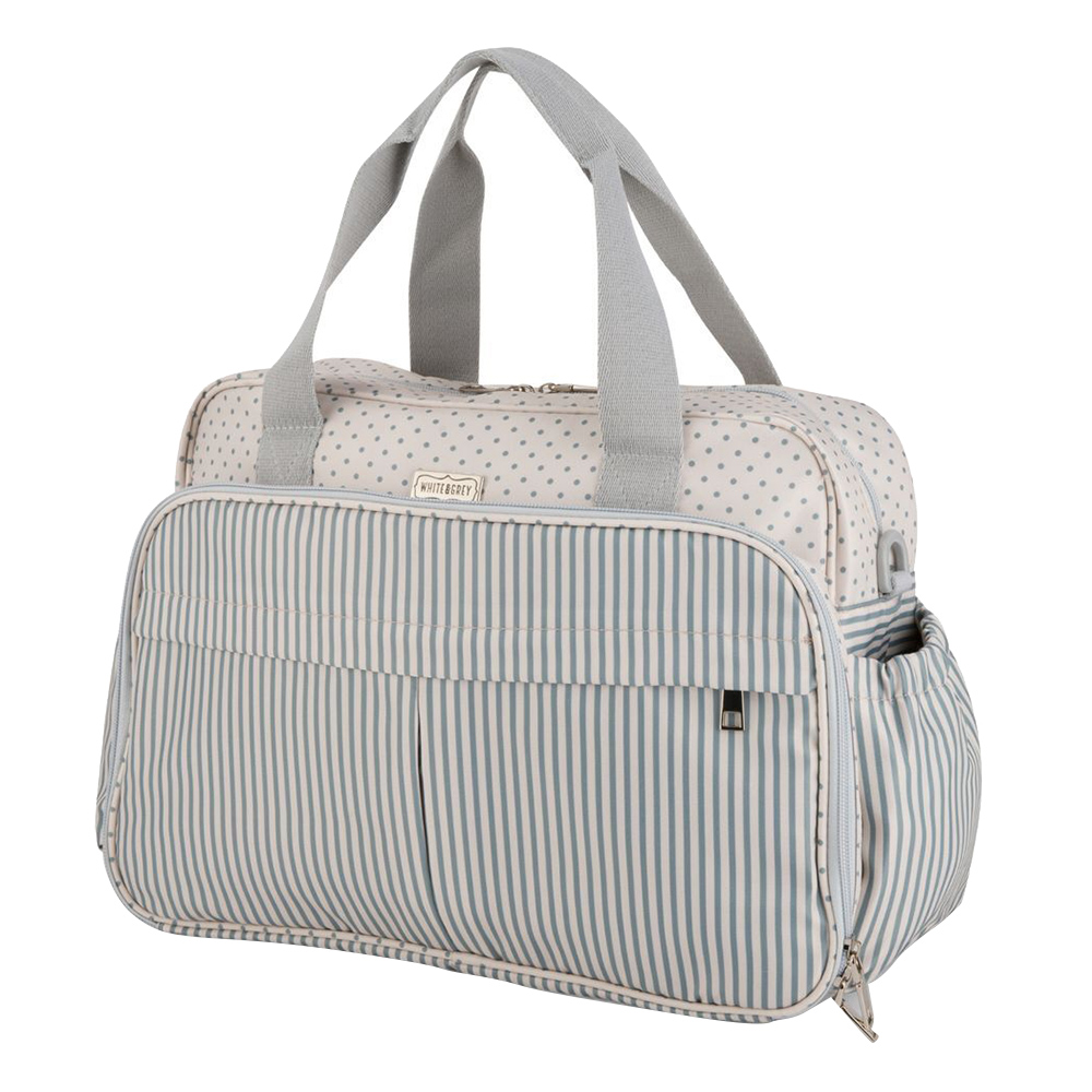 White&Grey Baby Diaper Bag With Changing Mat - Stripes & Dots