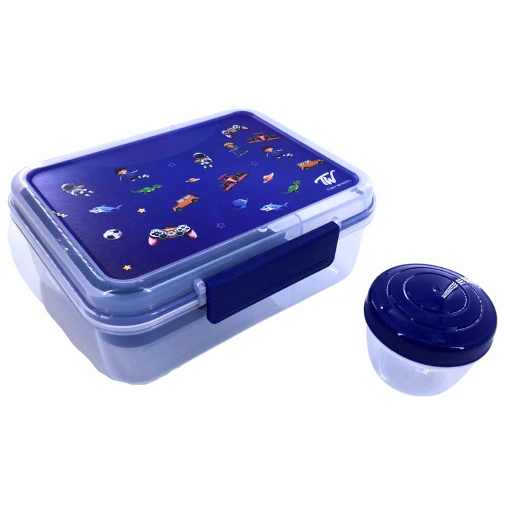تايني ويل - صندوق غداء طبقتين 3 أقسام مع كوب صلصة - أزرق - 1650 مل