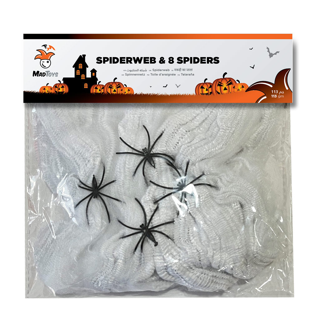 Mad Toys - Halloween Decoration - Creepy Black Spiders With White Spider Web - 8pcs